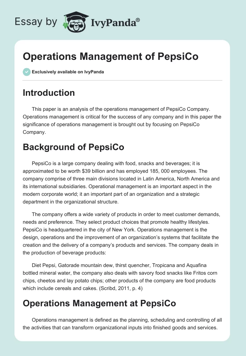 Operations Management of PepsiCo. Page 1