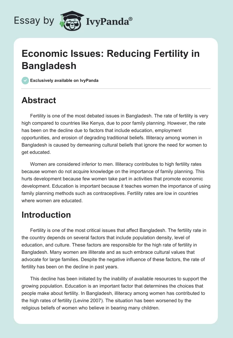 Economic Issues: Reducing Fertility in Bangladesh. Page 1