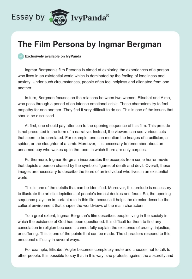 The Film "Persona" by Ingmar Bergman. Page 1