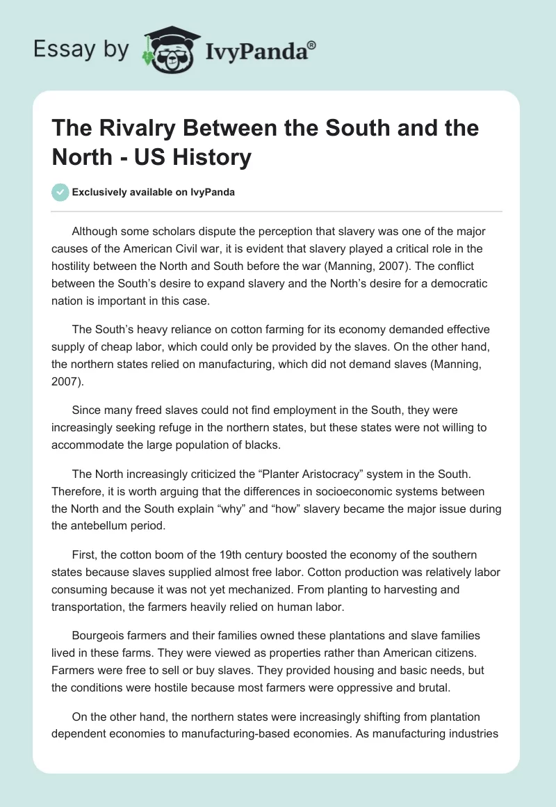 The Rivalry Between the South and the North - US History. Page 1