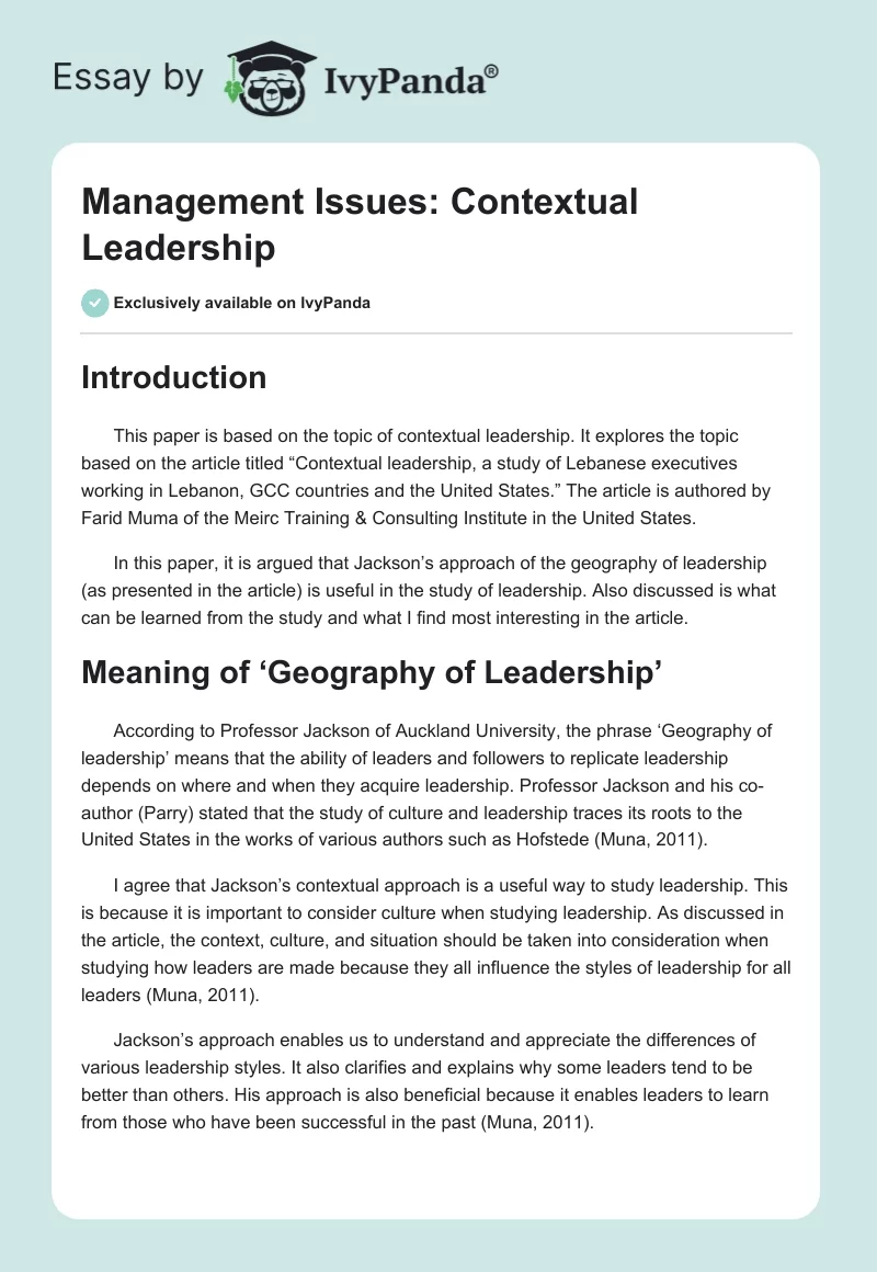 Management Issues: Contextual Leadership. Page 1