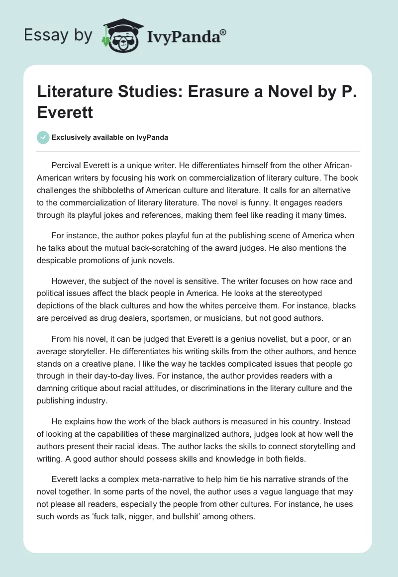 Literature Studies: "Erasure" a Novel by P. Everett. Page 1