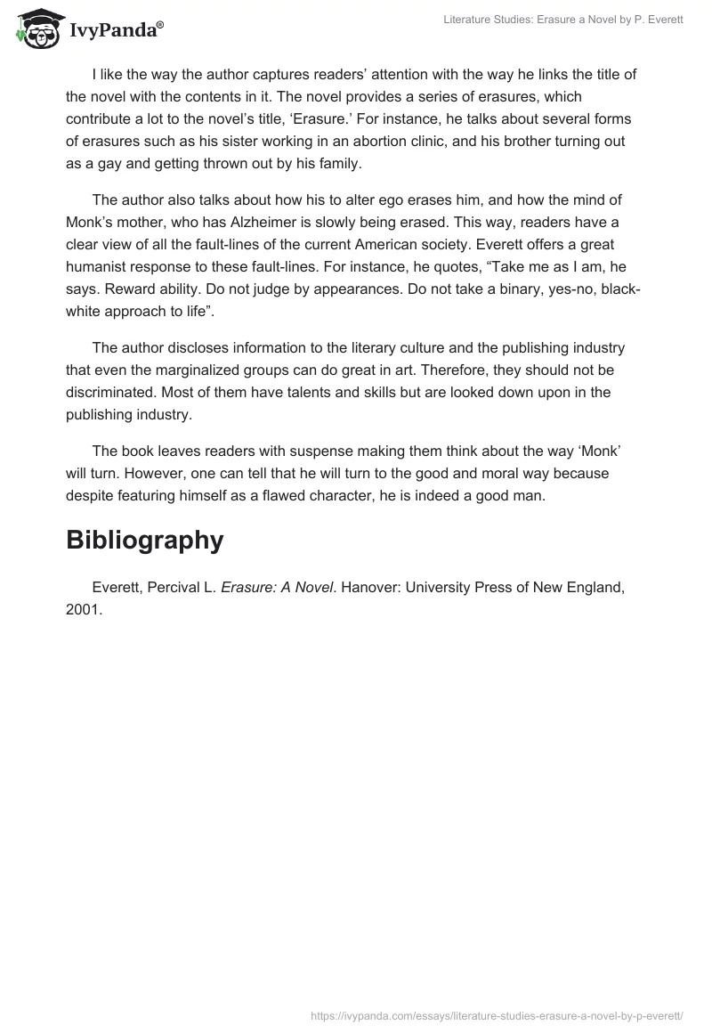 Literature Studies: "Erasure" a Novel by P. Everett. Page 2