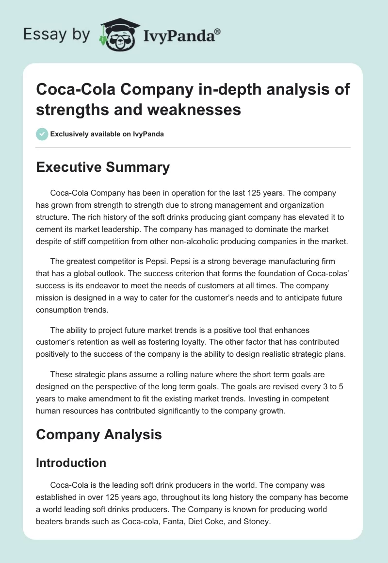Coca-Cola Company In-Depth Analysis of Strengths and Weaknesses. Page 1