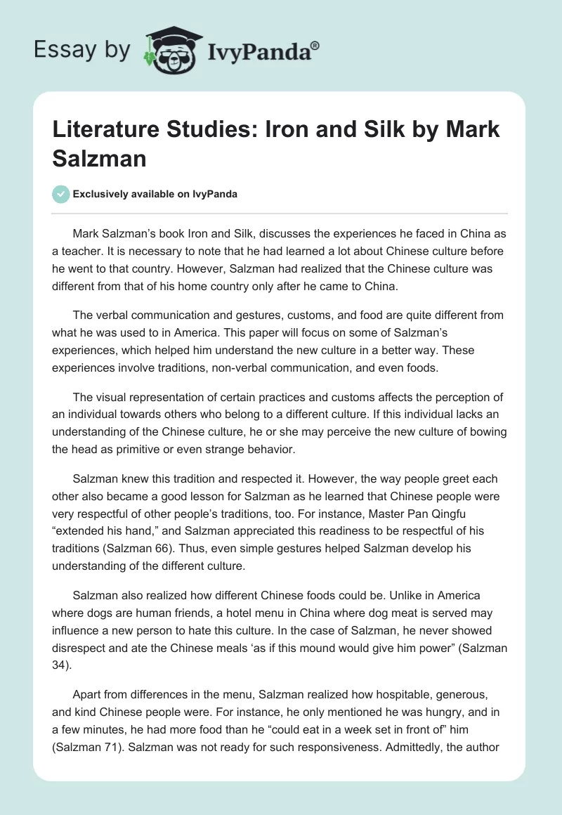 Literature Studies: "Iron and Silk" by Mark Salzman. Page 1