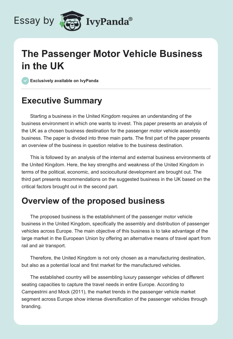 The Passenger Motor Vehicle Business in the UK. Page 1