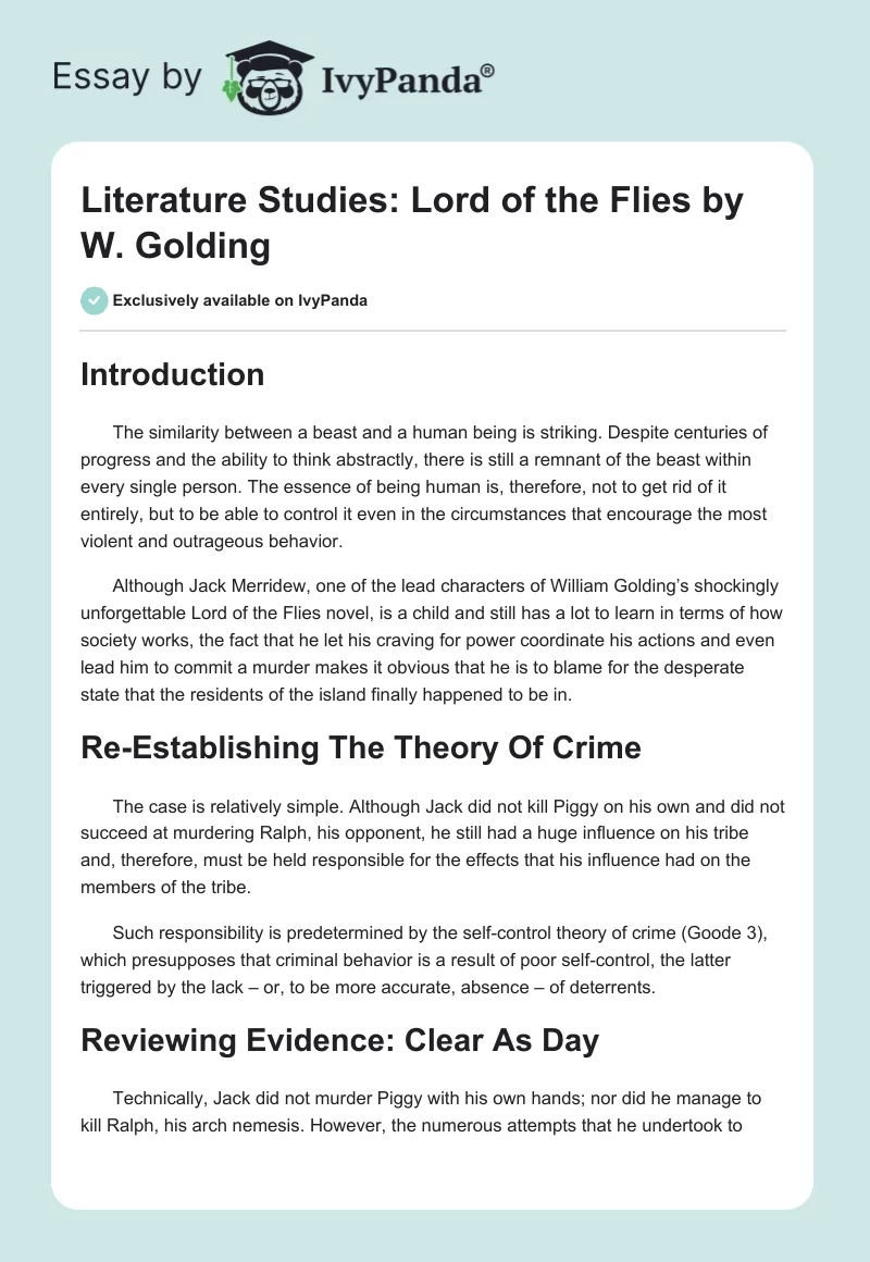 Literature Studies: "Lord of the Flies" by W. Golding. Page 1