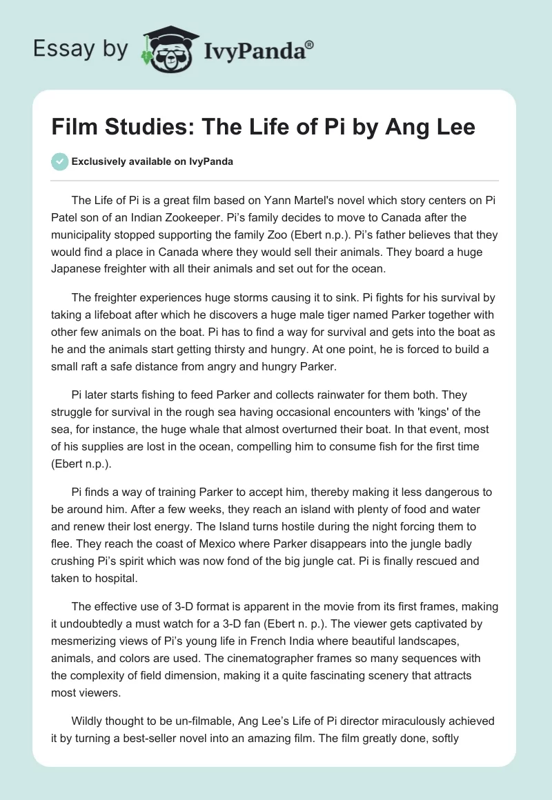 Film Studies: "Life of Pi" by Ang Lee. Page 1