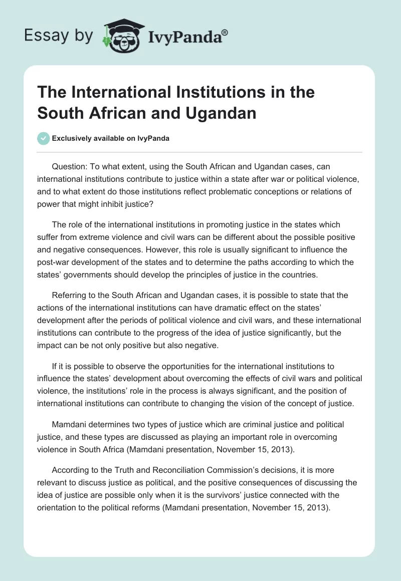 The International Institutions in the South African and Ugandan. Page 1