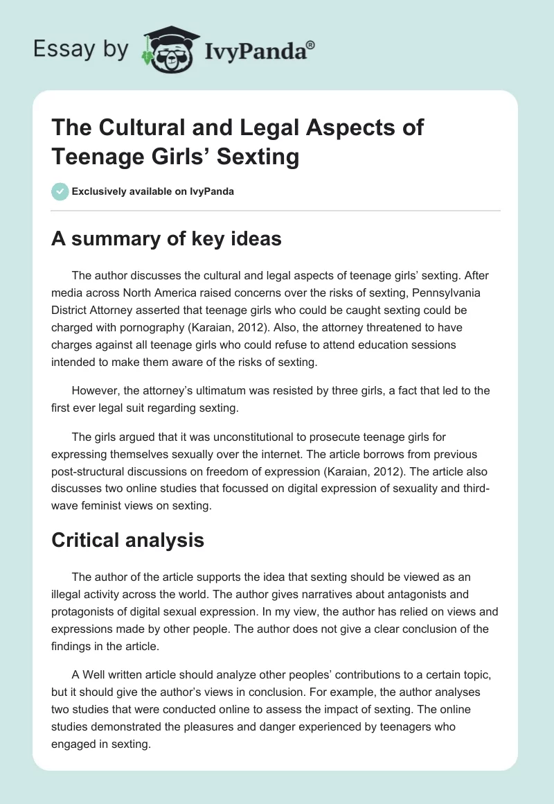 The Cultural and Legal Aspects of Teenage Girls’ Sexting. Page 1