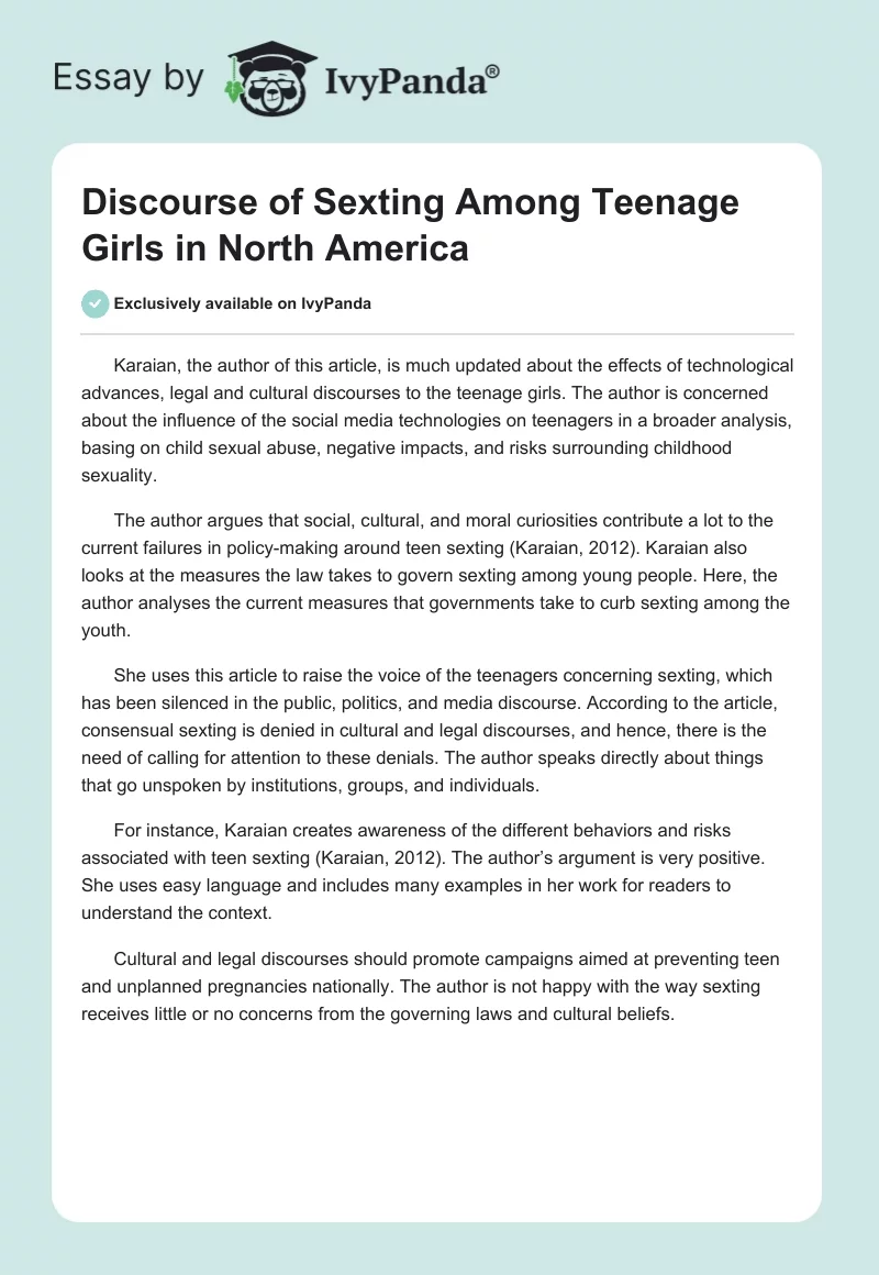 Discourse of Sexting Among Teenage Girls in North America. Page 1