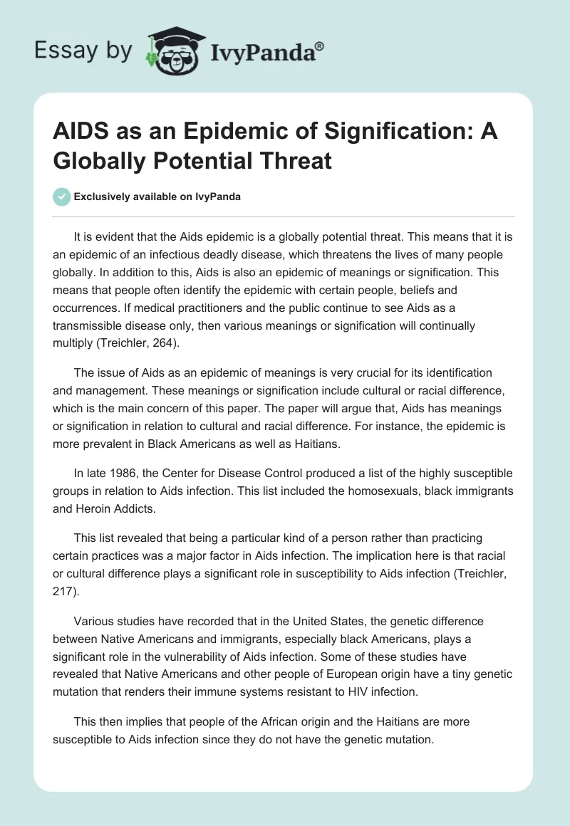 AIDS as an Epidemic of Signification: A Globally Potential Threat. Page 1