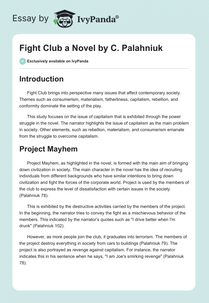 "Fight Club" a Novel by C. Palahniuk. Page 1