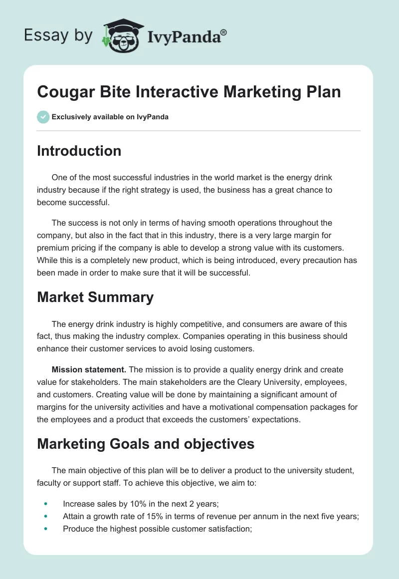 Cougar Bite Interactive Marketing Plan. Page 1