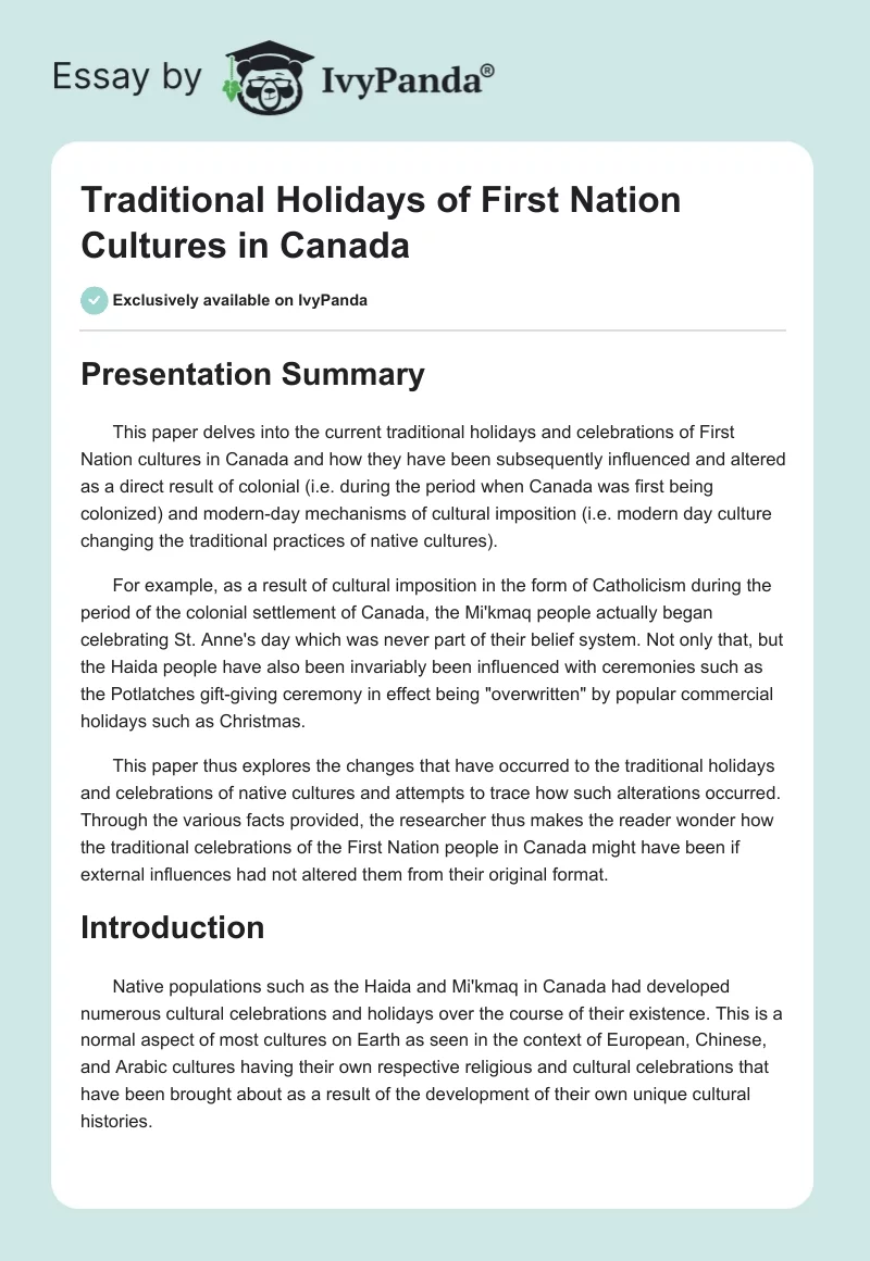 Traditional Holidays of First Nation Cultures in Canada. Page 1