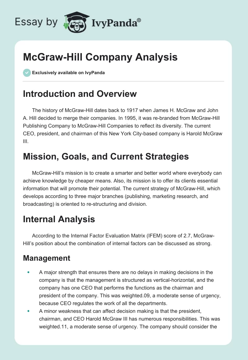McGraw-Hill Company Analysis. Page 1