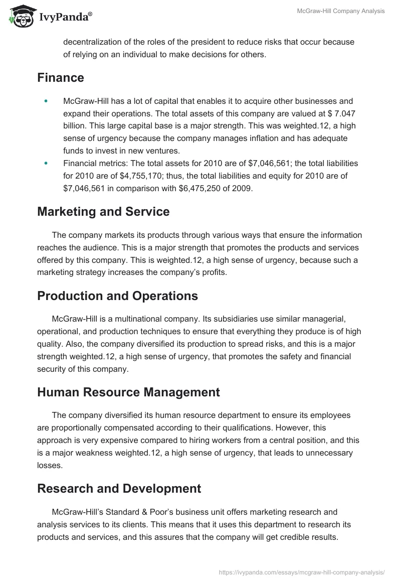 McGraw-Hill Company Analysis. Page 2