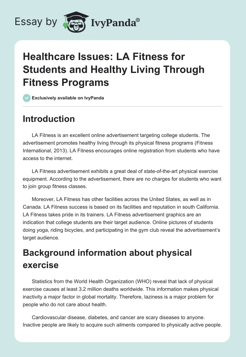 Healthcare Issues: LA Fitness for Students and Healthy Living Through Fitness Programs. Page 1
