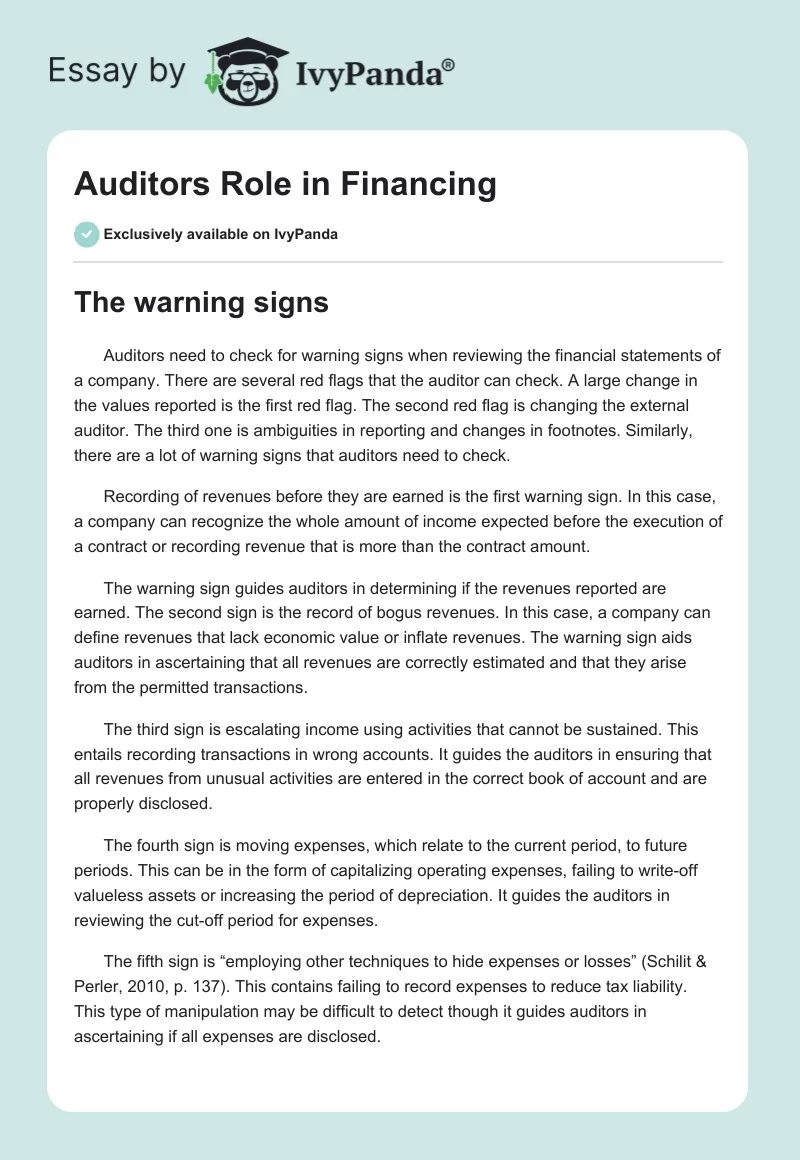 Auditors Role in Financing. Page 1