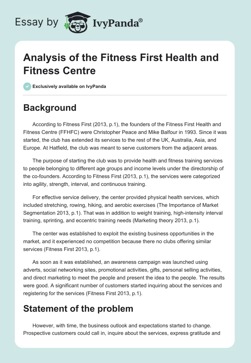 Analysis of the Fitness First Health and Fitness Centre. Page 1