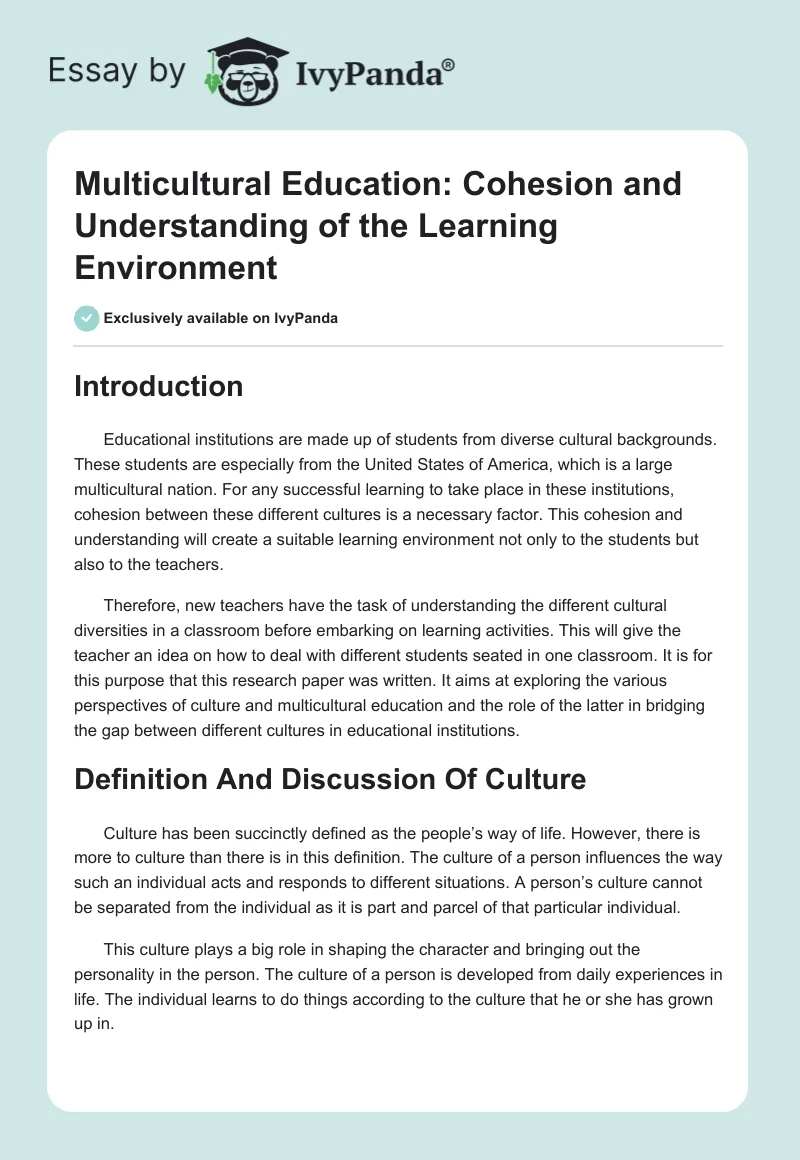Multicultural Education: Cohesion and Understanding of the Learning Environment. Page 1