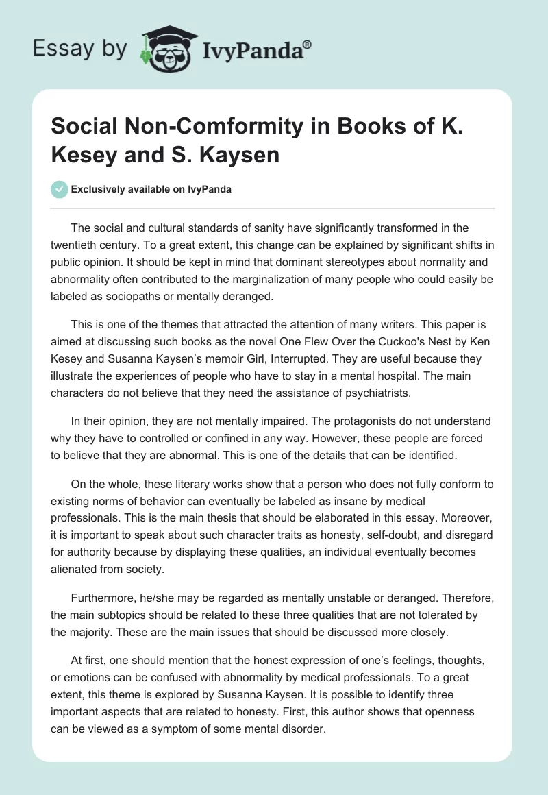 Social Non-Comformity in Books of K. Kesey and S. Kaysen. Page 1
