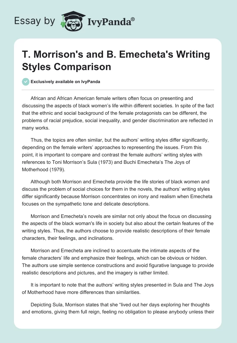 T. Morrison's and B. Emecheta's Writing Styles Comparison. Page 1