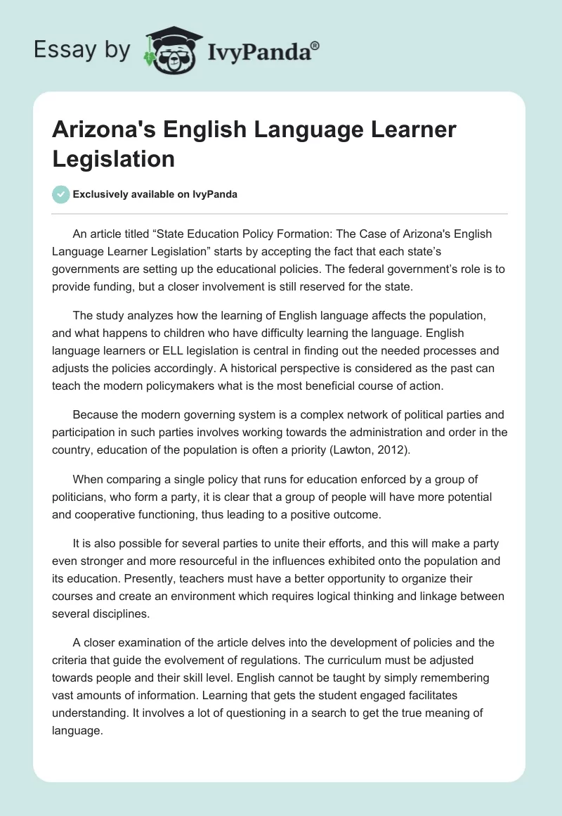 Arizona's English Language Learner Legislation. Page 1