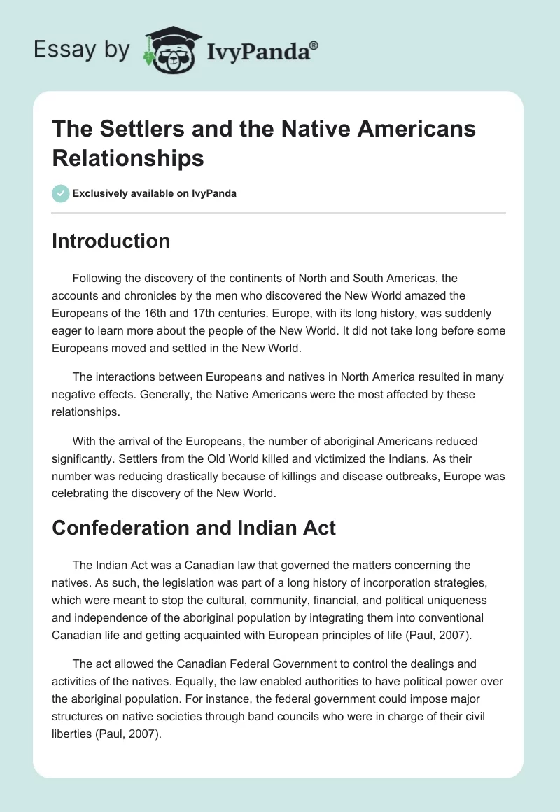 The Settlers and the Native Americans Relationships. Page 1