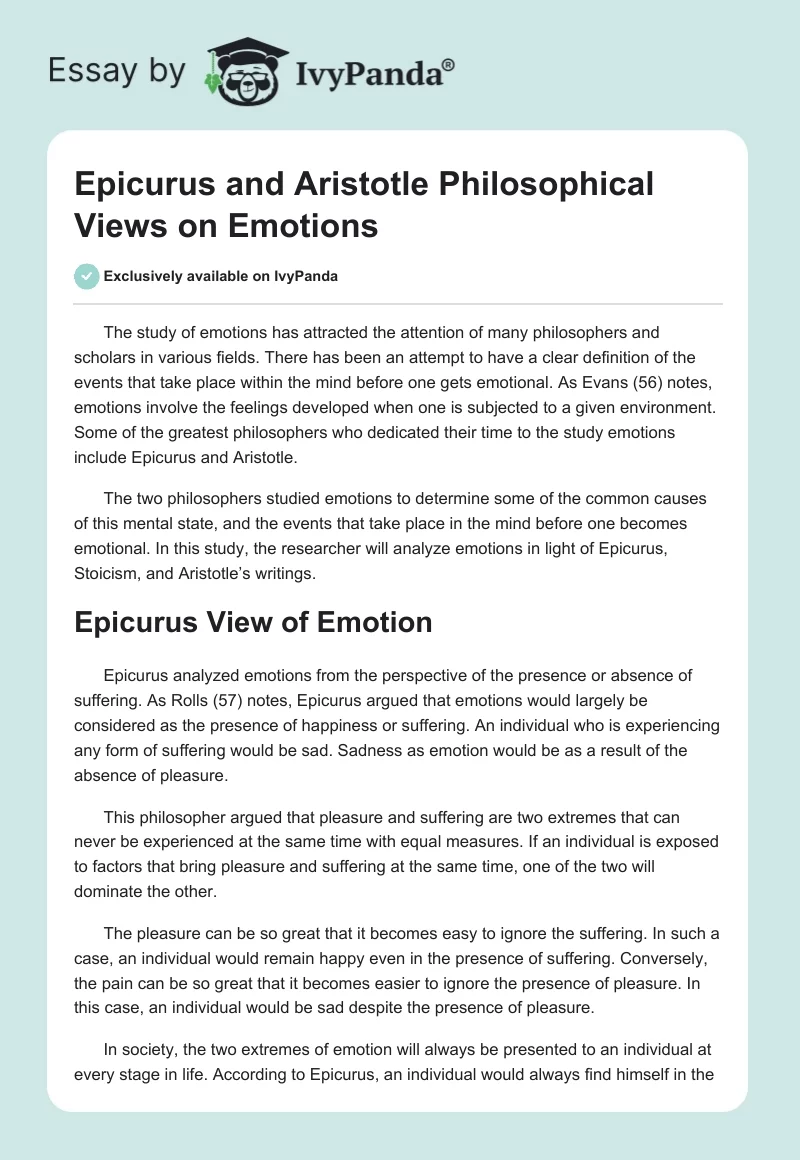 Epicurus and Aristotle Philosophical Views on Emotions. Page 1
