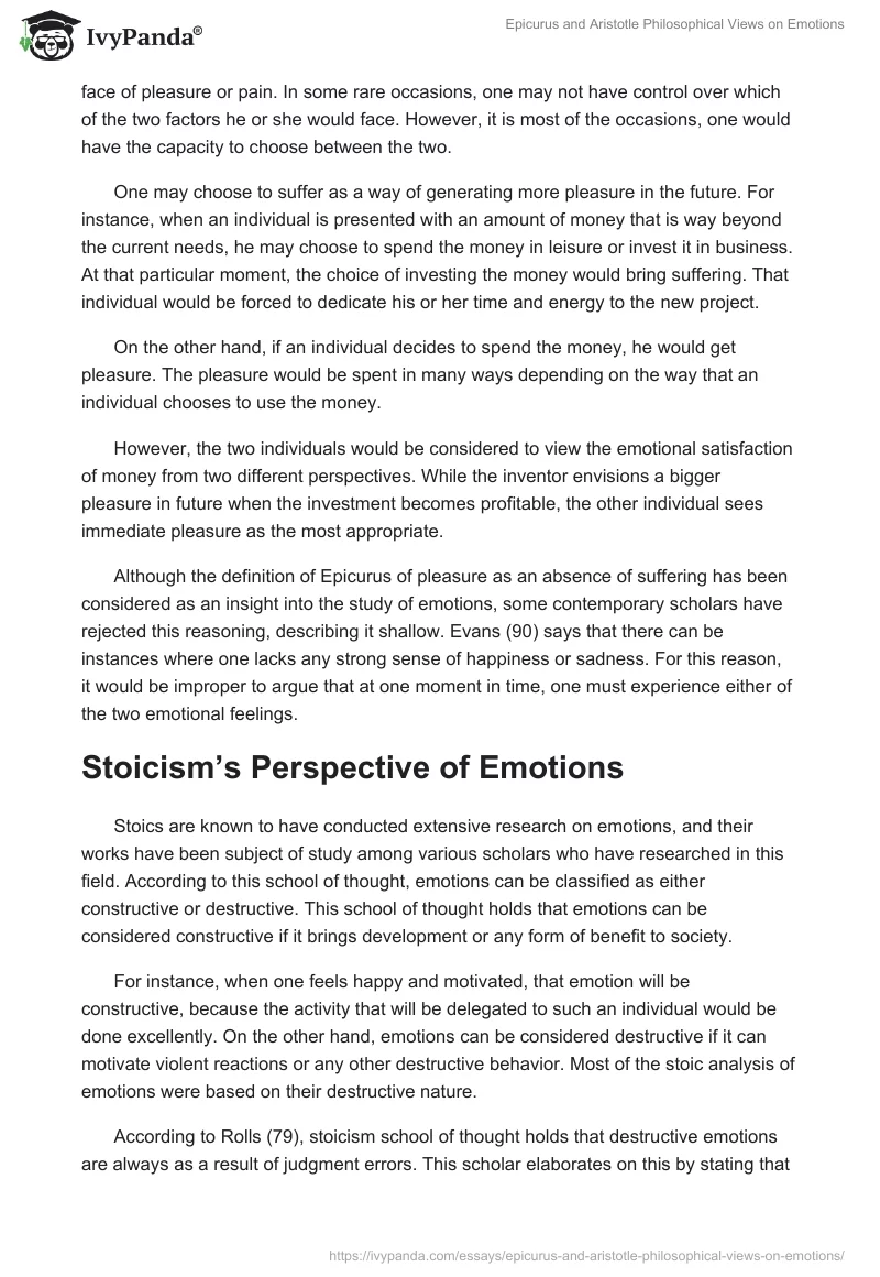 Epicurus and Aristotle Philosophical Views on Emotions. Page 2