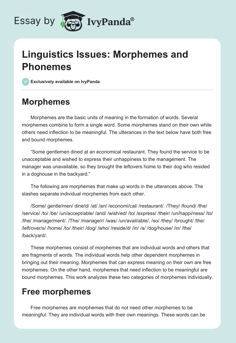 Linguistics Issues: Morphemes and Phonemes. Page 1