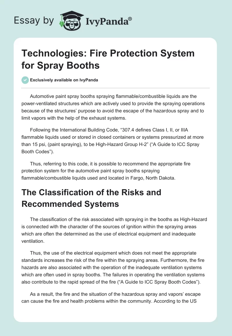 Technologies: Fire Protection System for Spray Booths. Page 1