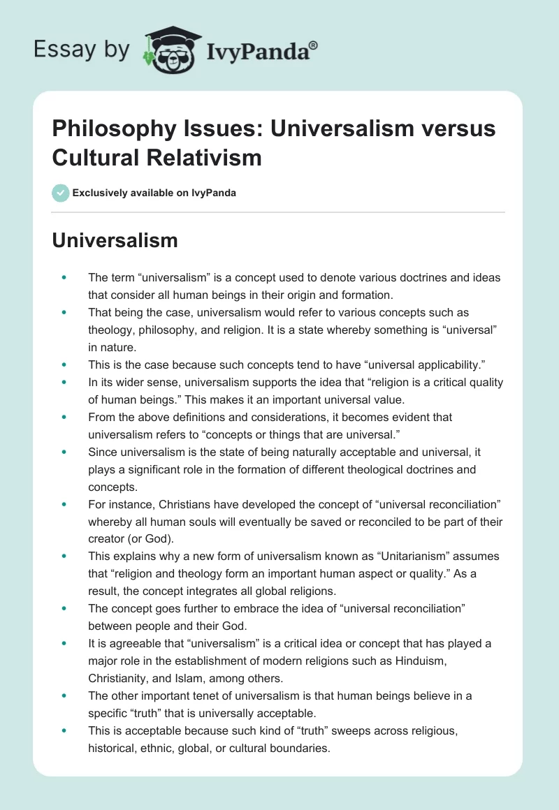 Philosophy Issues: Universalism Versus Cultural Relativism. Page 1