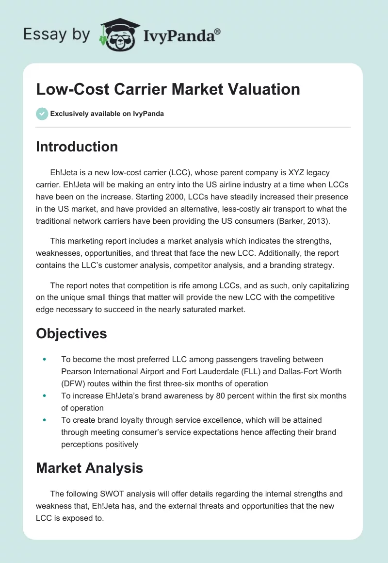 Low-Cost Carrier Market Valuation. Page 1