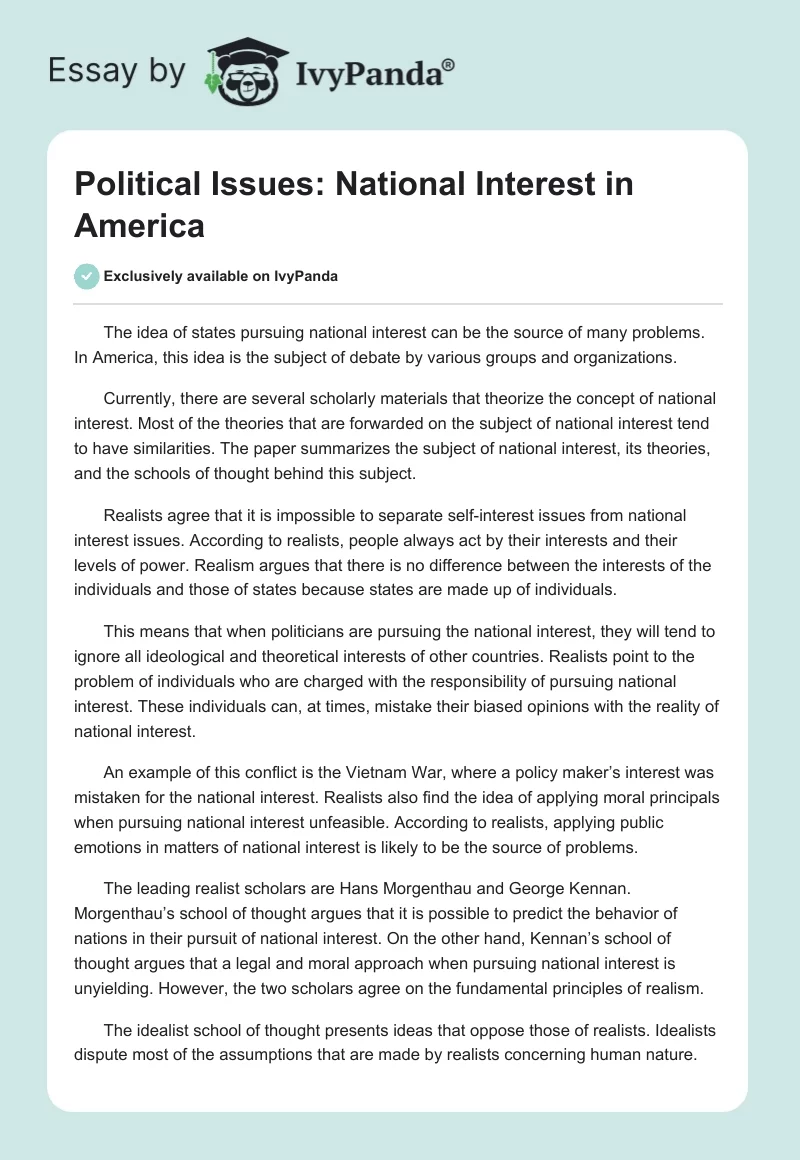 Political Issues: National Interest in America. Page 1