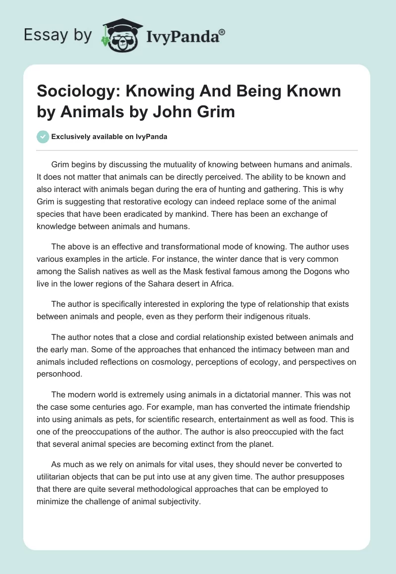 Sociology: "Knowing And Being Known by Animals" by John Grim. Page 1