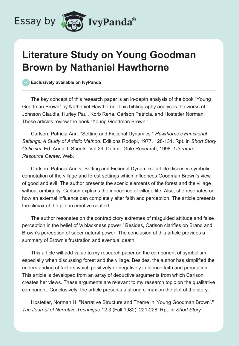 Literature Study on "Young Goodman Brown" by Nathaniel Hawthorne. Page 1