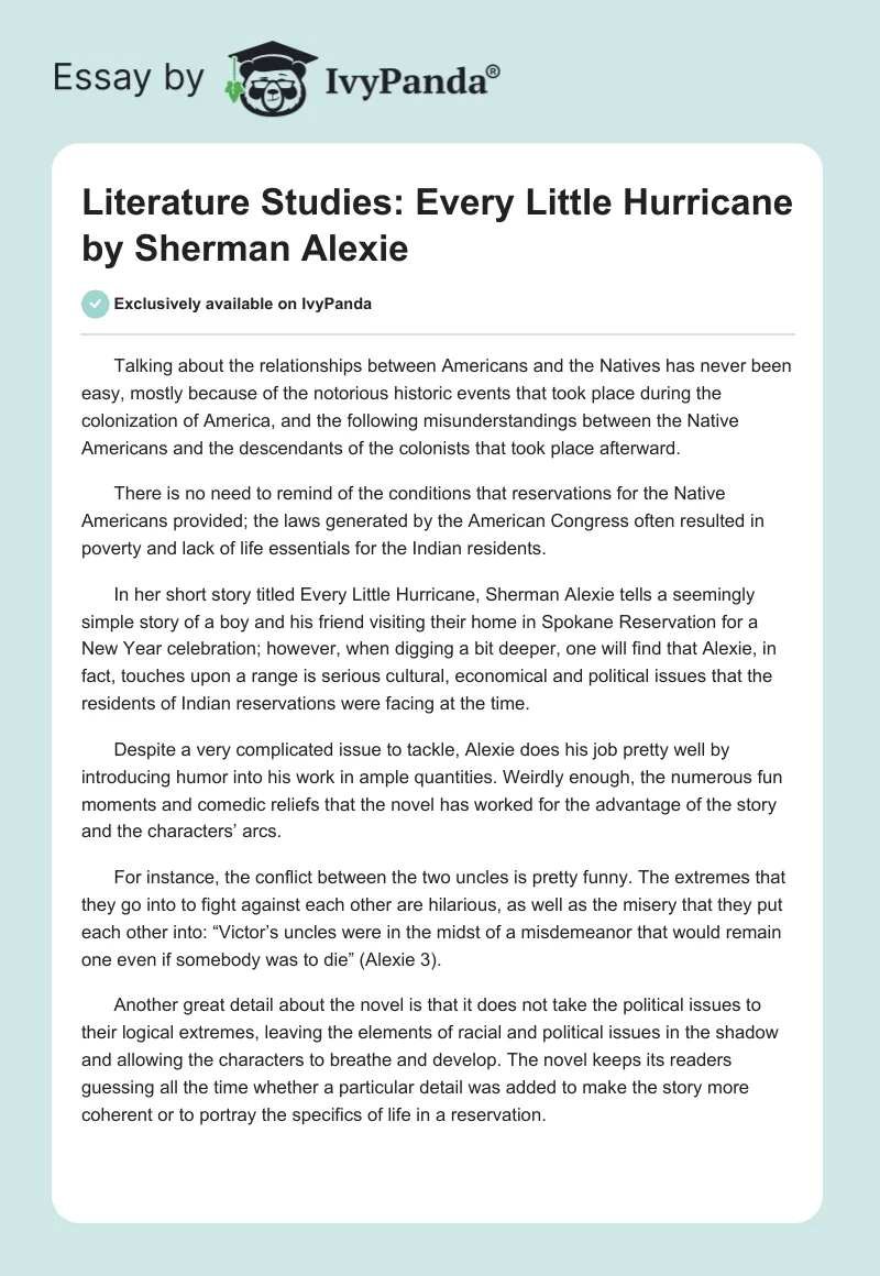 Literature Studies: Every Little Hurricane by Sherman Alexie. Page 1