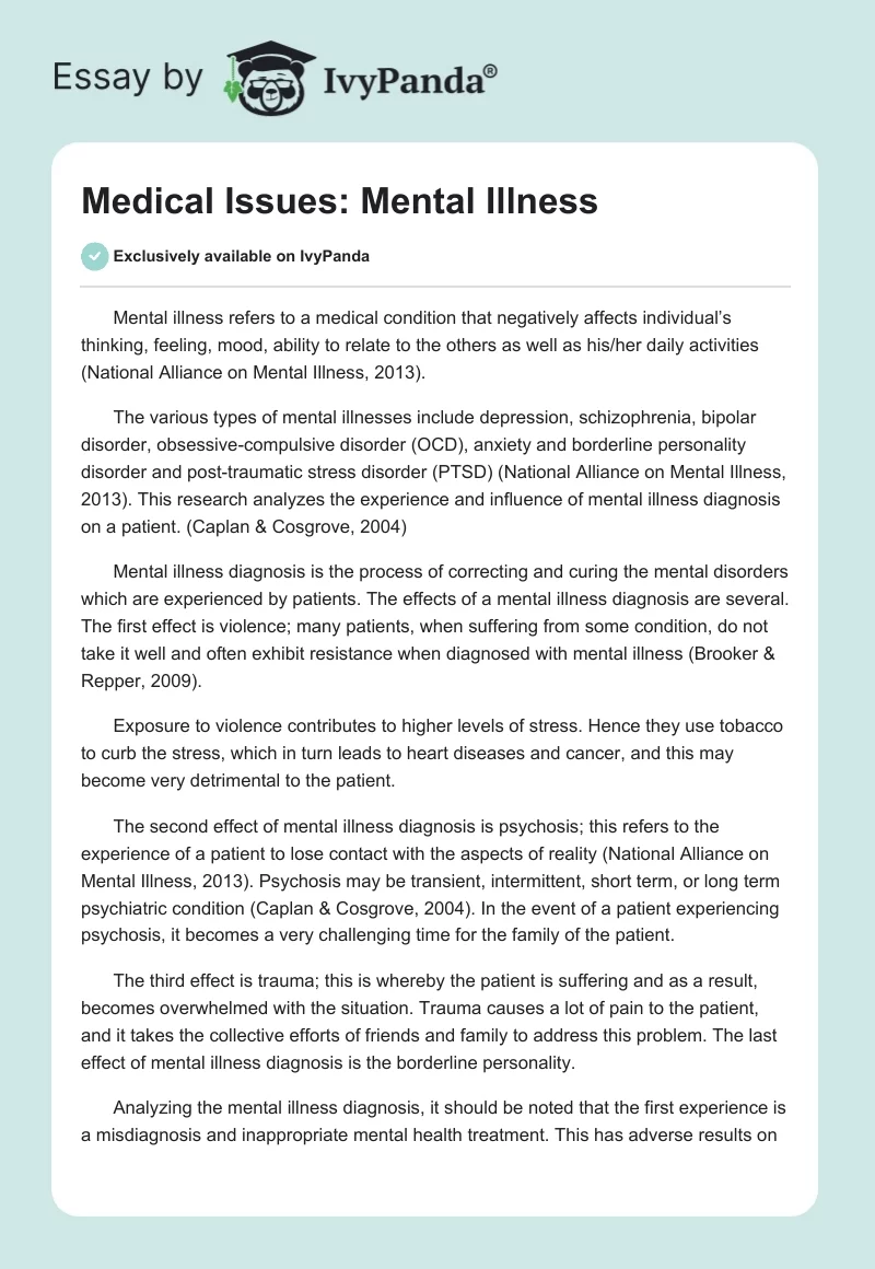 Medical Issues: Mental Illness. Page 1