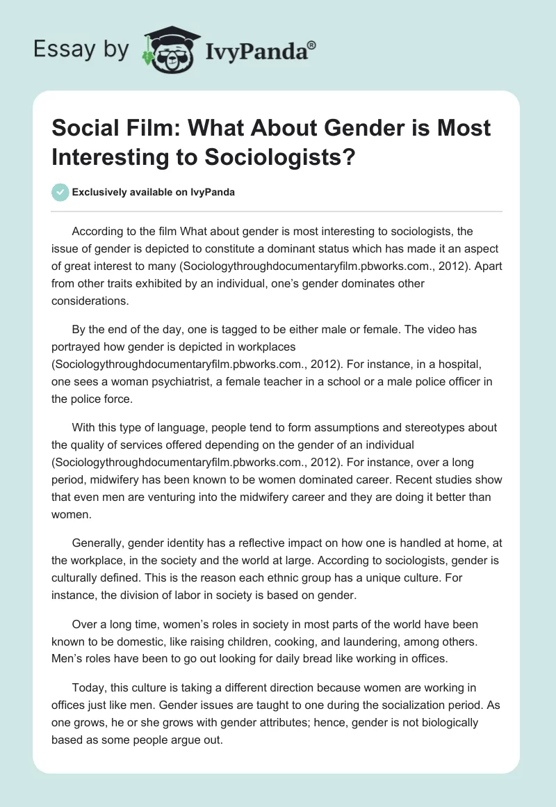 Social Film: What About Gender is Most Interesting to Sociologists?. Page 1
