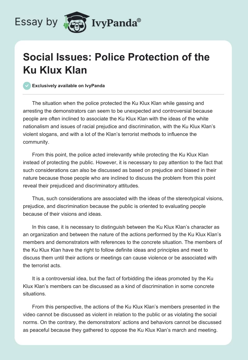 Social Issues: Police Protection of the Ku Klux Klan. Page 1