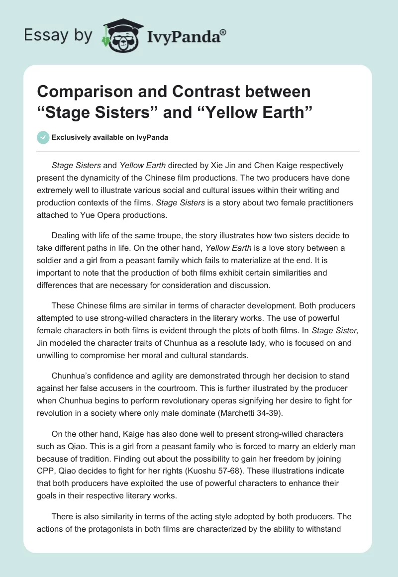 Comparison and Contrast between “Stage Sisters” and “Yellow Earth”. Page 1