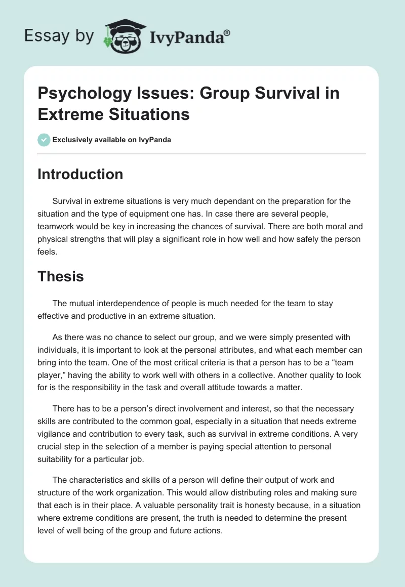 Psychology Issues: Group Survival in Extreme Situations. Page 1