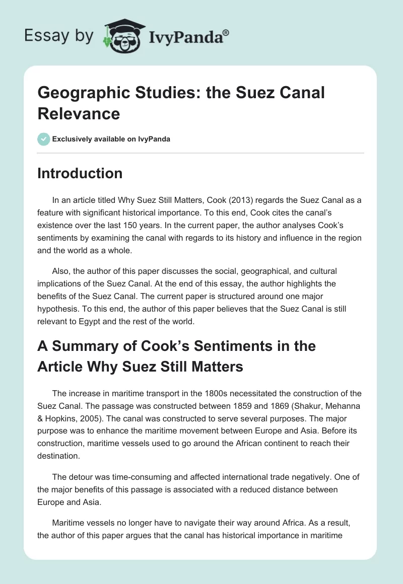 Geographic Studies: the Suez Canal Relevance. Page 1