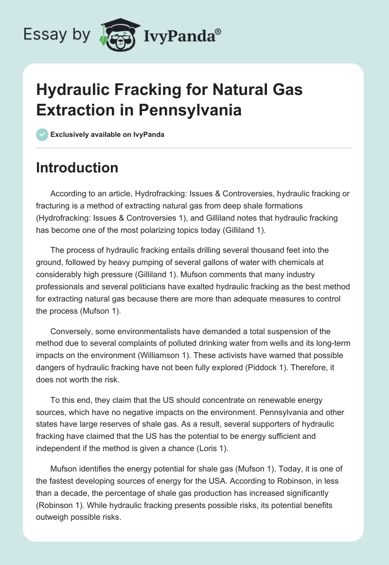 Hydraulic Fracking for Natural Gas Extraction in Pennsylvania. Page 1