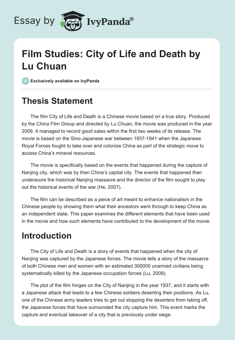 Film Studies: "City of Life and Death" by Lu Chuan. Page 1