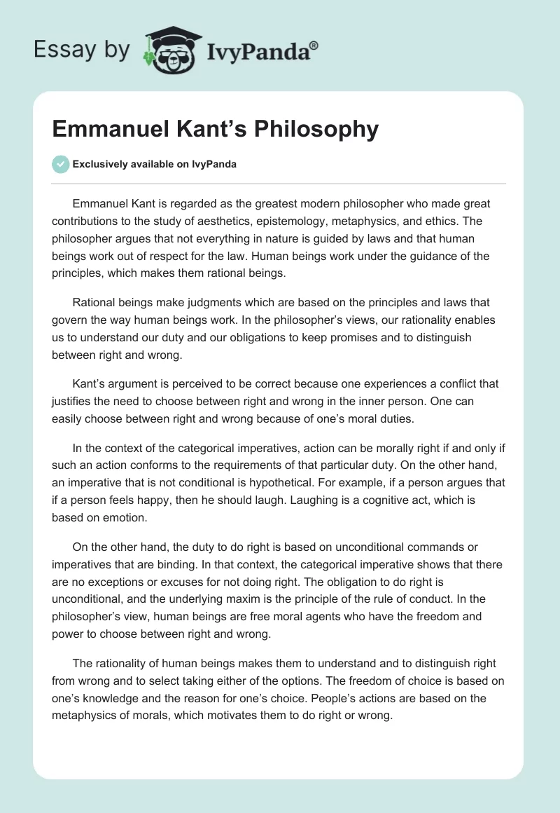 Emmanuel Kant’s Philosophy. Page 1