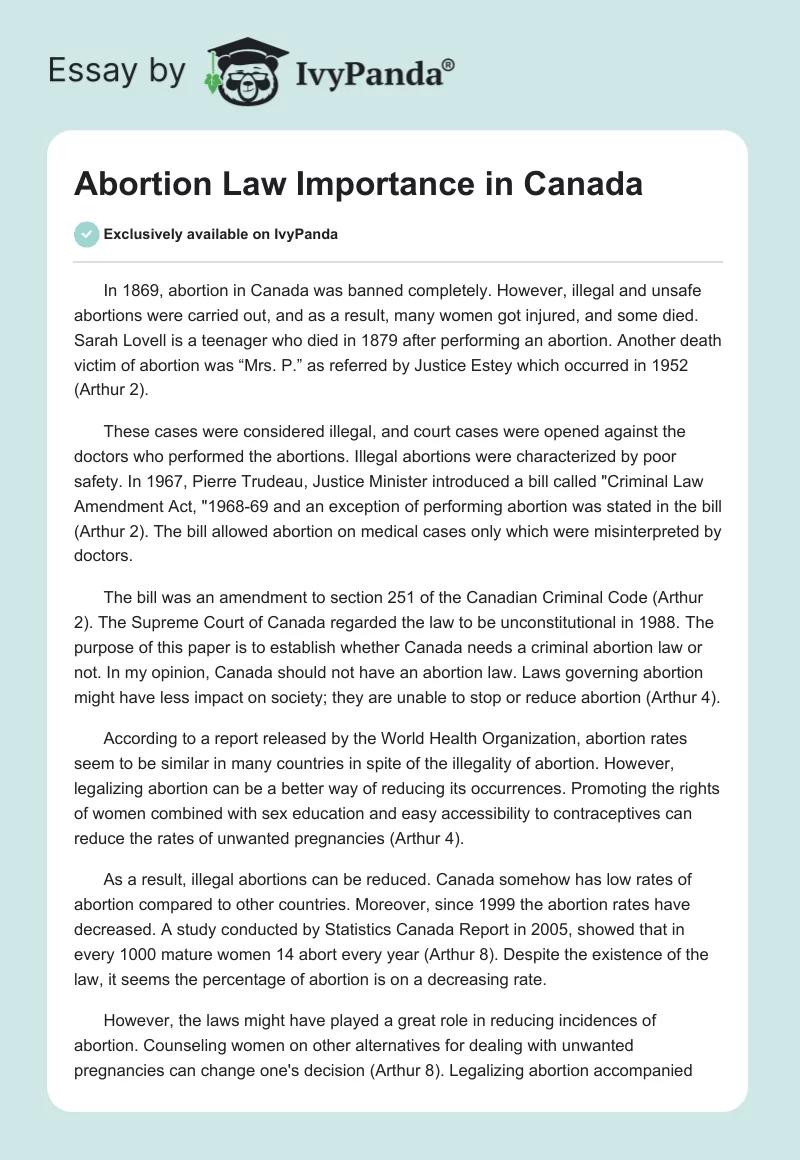 Abortion Law Importance in Canada. Page 1