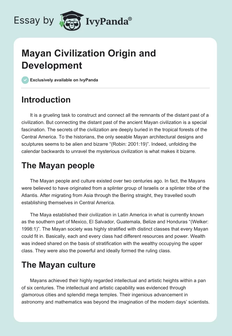 Mayan Civilization Origin and Development. Page 1